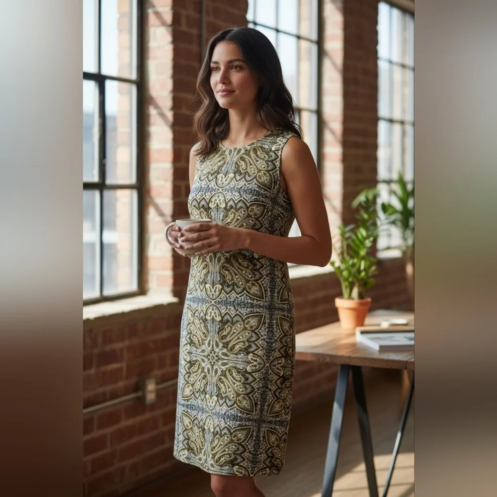 J. JILL sz Large Paisley Black Gold Elegant Sleeveless Patterned Dress